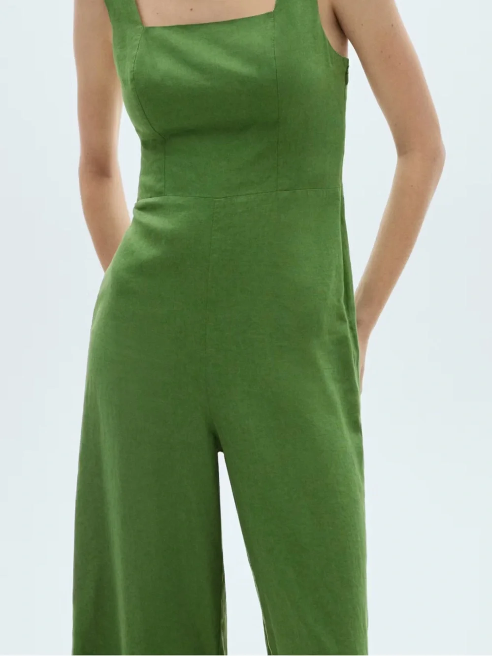 Mango straight- fit linen Olive Green Square-Neck Jumpsuit size XS/2